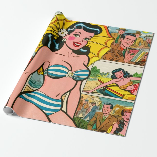 Retro Bikini Girl Summer Comics Wrapping Paper (Unrolled)