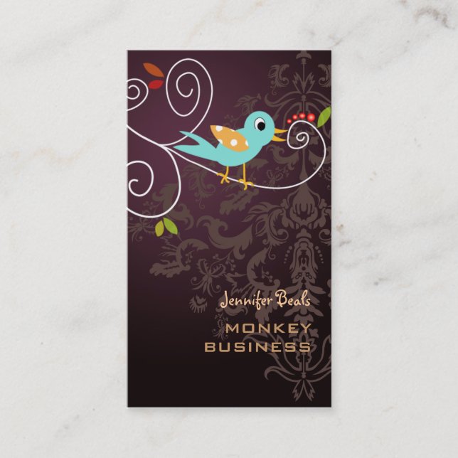 Retro bird on a branch + merlot business card (Front)