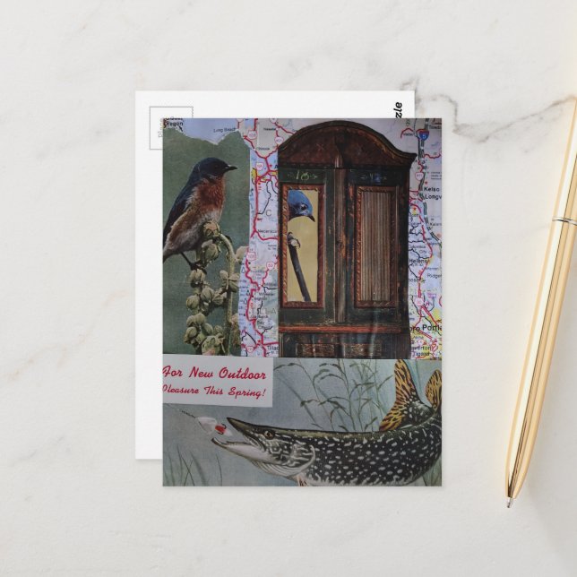 Retro Birds and Fish Collage Postcard (Front/Back In Situ)