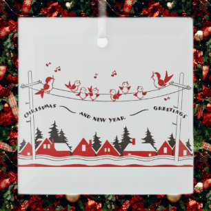 Retro birds Christmas and New Years Glass Tree Decoration