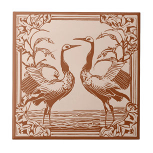 Retro Birds two Cranes Brown Art Deco Art Nouveau Tile