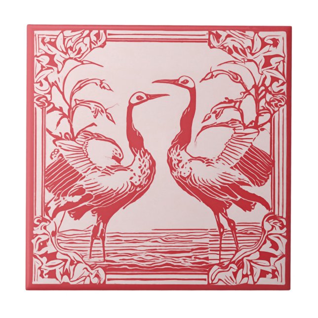 Retro Birds two Cranes Red Art Deco Art Nouveau Tile (Front)
