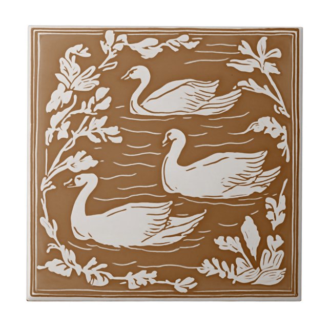 Retro Birds Vintage Brown Art Nouveau Swans Tile (Front)