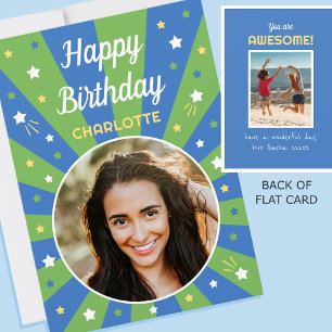 Retro Birthday Custom Name 2 Photo Blue Green Card