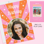 Retro Birthday Custom Name 2 Photo Pink Orange Card<br><div class="desc">Say "Happy Birthday" with this retro style birthday card,  including a personalised name and two photographs. A fun design for family,  kids,  friends or pets! Colourful palette of pink,  orange and white.</div>