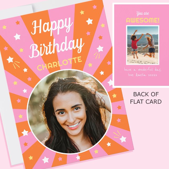 Retro Birthday Custom Name 2 Photo Pink Orange Card (Creator Uploaded)
