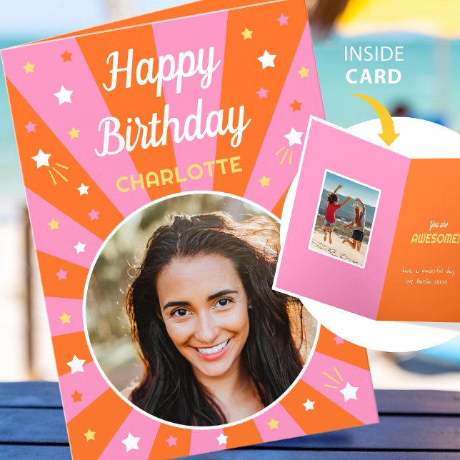 Retro Birthday Custom Name 2 Photo Pink Orange Card (Creator Uploaded)