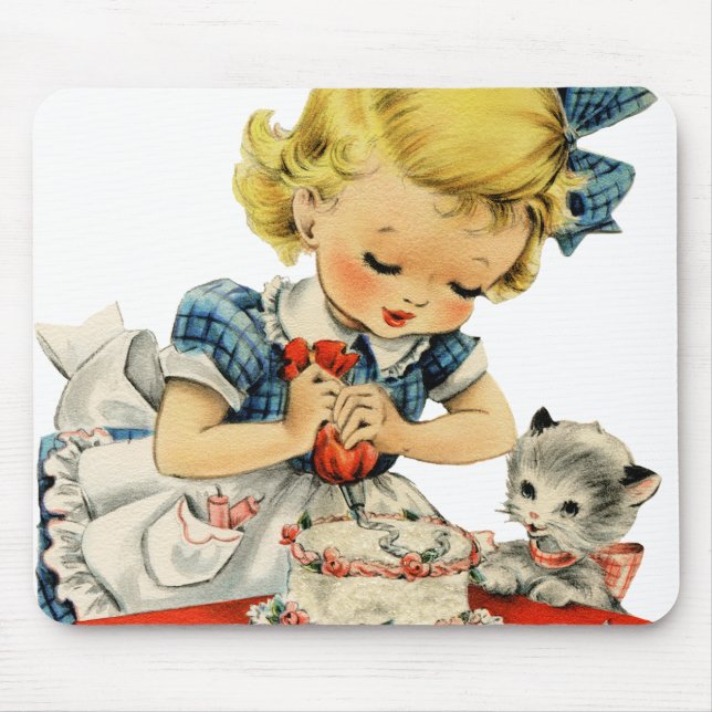 Retro Birthday Girl Cake Cat Artwork Mouse Mat (Front)