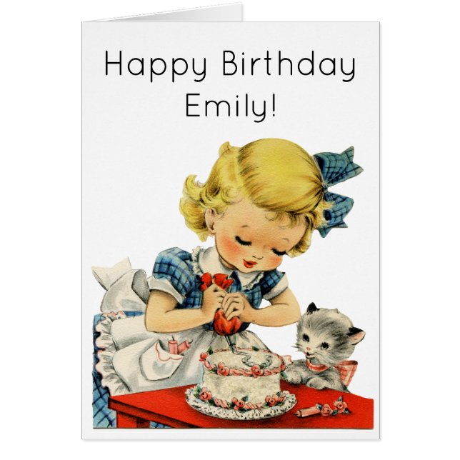 Retro Birthday Girl Cake Cat Children Artwork (Front)
