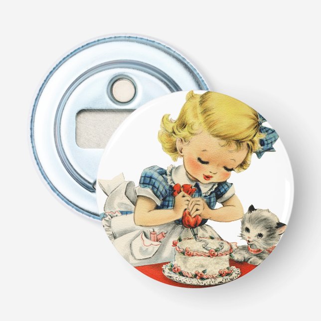 Retro Birthday Girl Cake Cat Children Artwork Bottle Opener (Front)