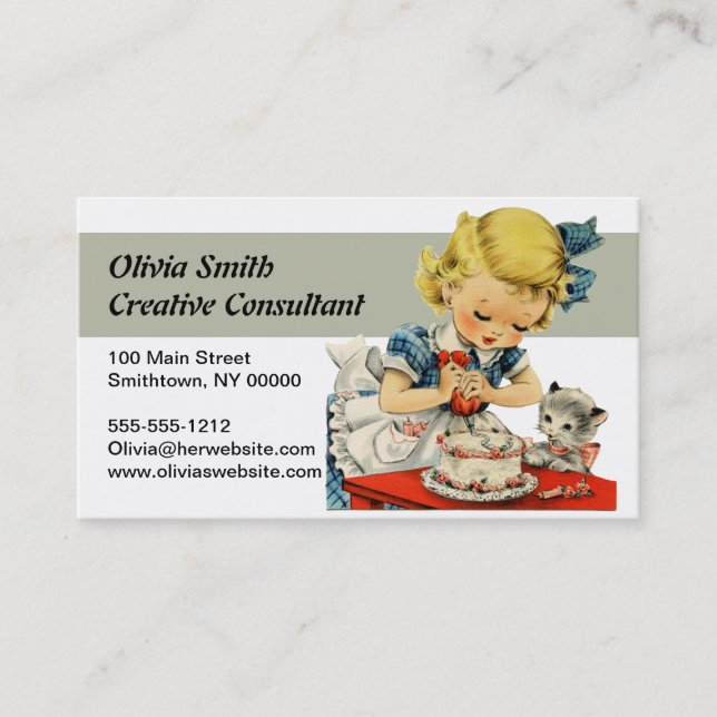 Retro Birthday Girl Cake Cat Children Artwork Business Card (Front)