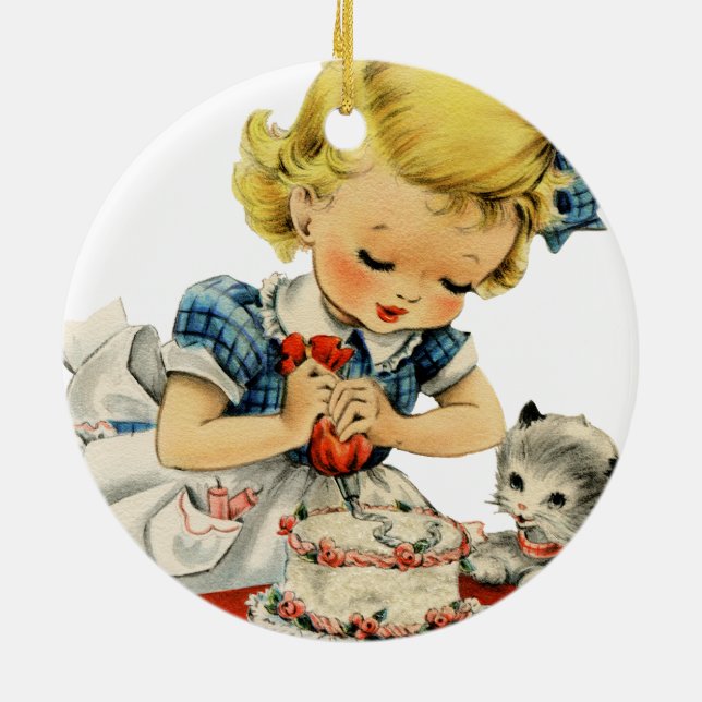 Retro Birthday Girl Cake Cat Children Artwork Ceramic Tree Decoration (Back)
