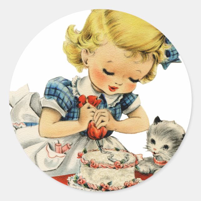 Retro Birthday Girl Cake Cat Children Artwork Classic Round Sticker (Front)