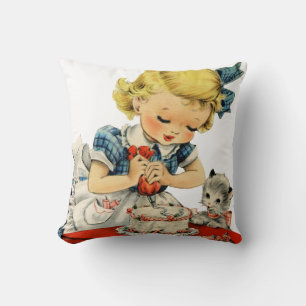 Retro Birthday Girl Cake Cat Children Artwork Cushion