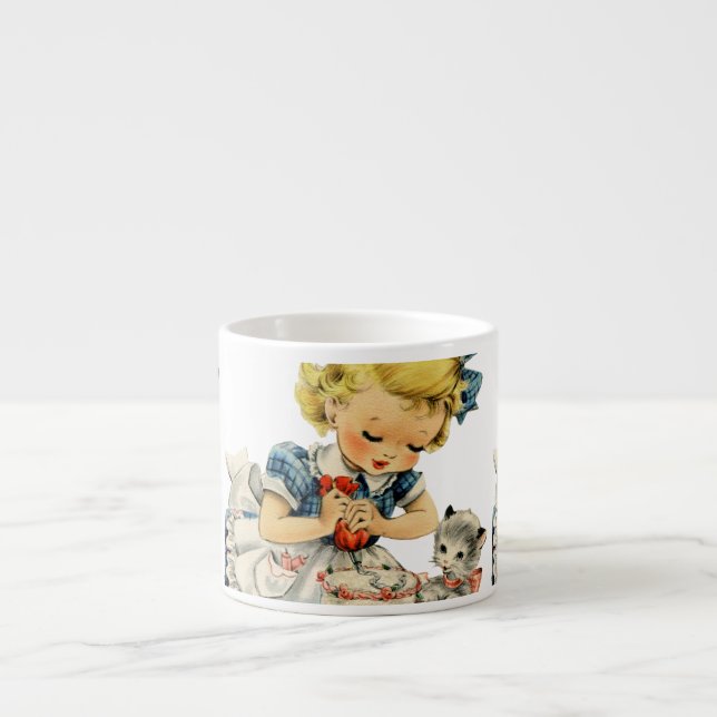 Retro Birthday Girl Cake Cat Children Artwork Espresso Cup (Front)