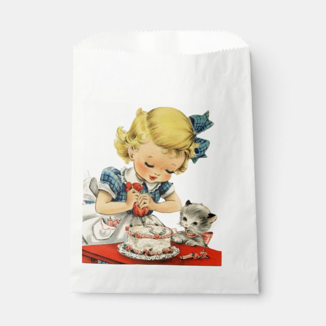 Retro Birthday Girl Cake Cat Children Artwork Favour Bags (Front)