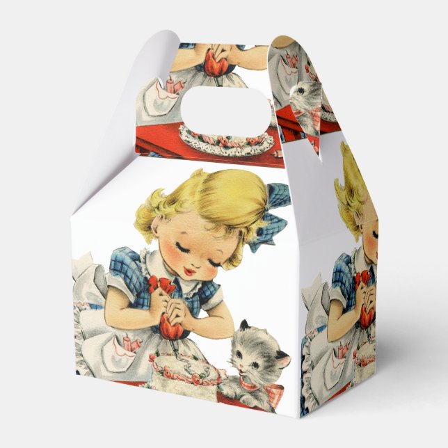 Retro Birthday Girl Cake Cat Children Artwork Favour Box (Front Side)