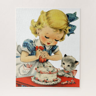 Retro Birthday Girl Cake Cat Children Artwork Jigsaw Puzzle