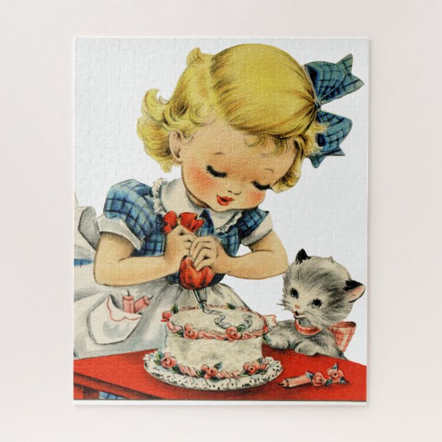 Retro Birthday Girl Cake Cat Children Artwork Jigsaw Puzzle (Vertical)