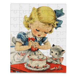 Retro Birthday Girl Cake Cat Children Artwork Jigsaw Puzzle