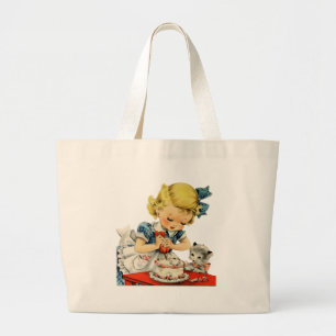 Retro Birthday Girl Cake Cat Children Artwork Large Tote Bag
