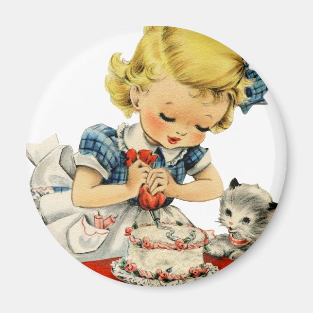 Retro Birthday Girl Cake Cat Children Artwork Magnet (Front)