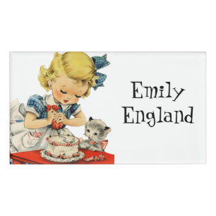 Retro Birthday Girl Cake Cat Children Artwork Name Tag