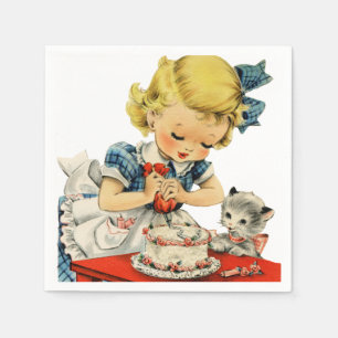 Retro Birthday Girl Cake Cat Children Artwork Napkin