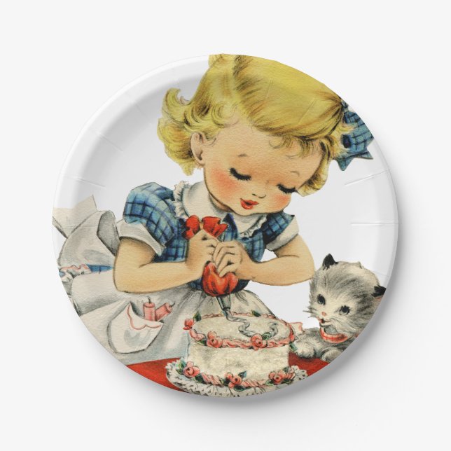Retro Birthday Girl Cake Cat Children Artwork Paper Plate (Front)