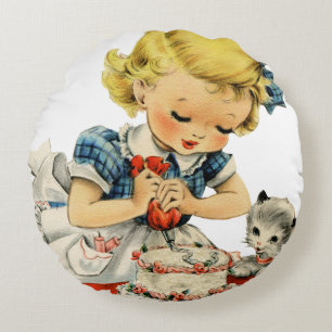 Retro Birthday Girl Cake Cat Children Artwork Round Cushion