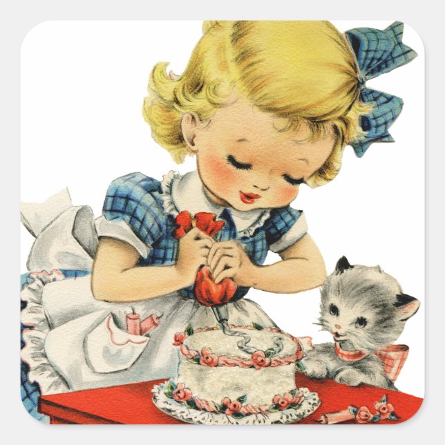 Retro Birthday Girl Cake Cat Children Artwork Square Sticker (Front)