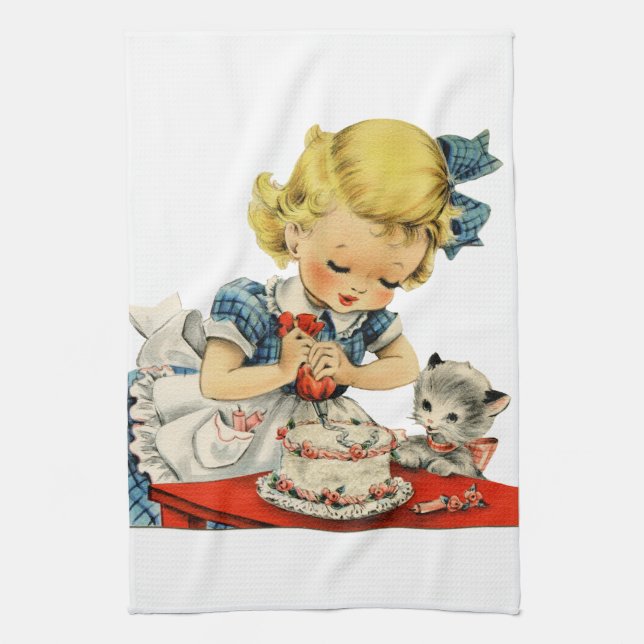 Retro Birthday Girl Cake Cat Children Artwork Tea Towel (Vertical)