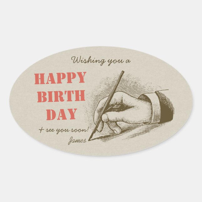 Retro birthday Male hand holding a fountain pen Oval Sticker (Front)