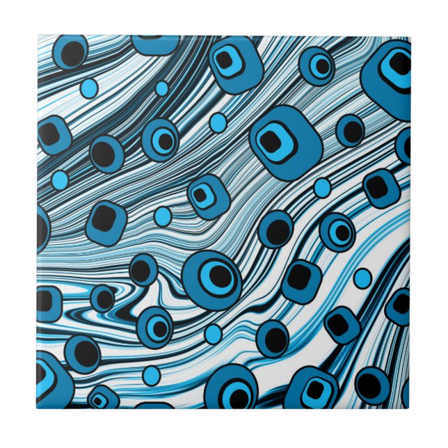 Retro Black and Blue Wavy Cute and Groovy Art Tile (Front)