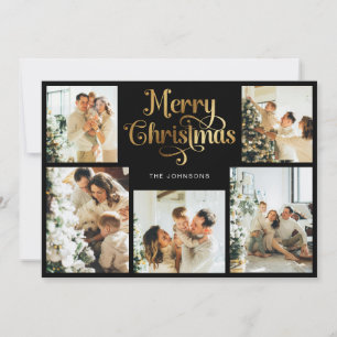 Retro Black and Gold Merry Christmas Family Photo Holiday Card