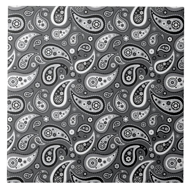 Retro Black and Grey Paisley Pattern Tile (Front)