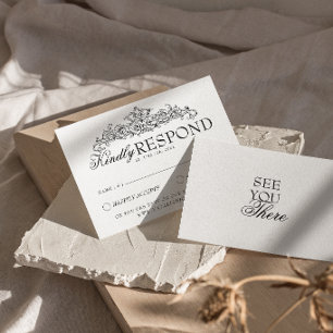 Retro Black And White Botanical Old Money Wedding RSVP Card