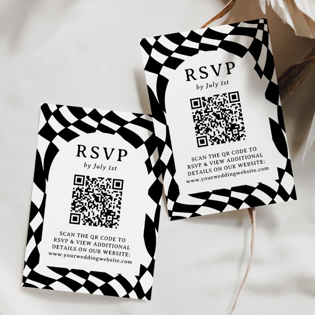 Retro Black and White Chequerboard QR Code Wedding RSVP Card (Creator Uploaded)