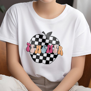 Retro Black and White Chequered Apple Teacher T-Shirt