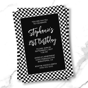 Retro Black and White Chequered Bold 21st Birthday Invitation