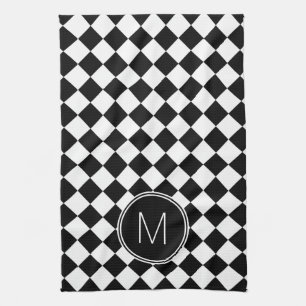 Retro Black and White Chequered Check Tea Towel