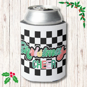 Retro Black and White Chequered Christmas Cheer Can Cooler