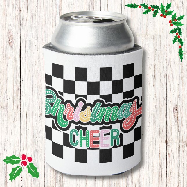 Retro Black and White Chequered Christmas Cheer  Can Cooler (Creator Uploaded)
