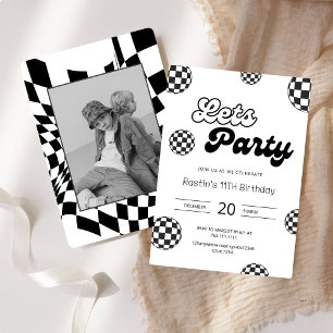 Retro Black And White Chequered Pattern Birthday Invitation