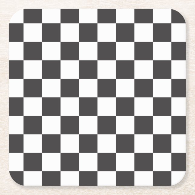Retro black and white chequered square paper coaster (Front)