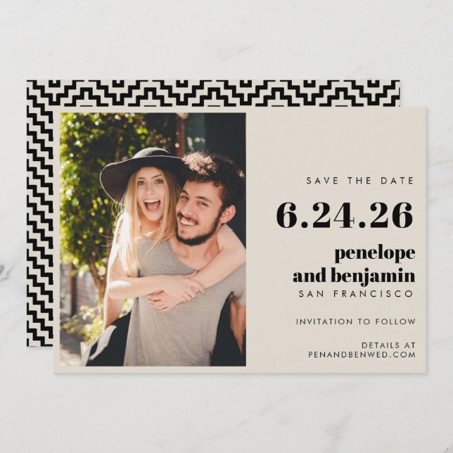 Retro Black and White Elegant Photo Wedding  Save The Date (Front/Back)