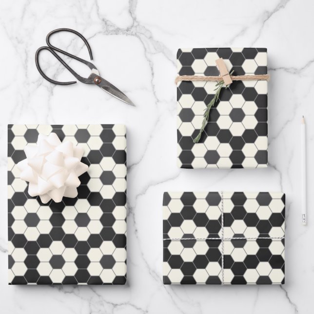 Retro Black and White Geometric Hexagon Tile Wrapping Paper Sheet (Front)