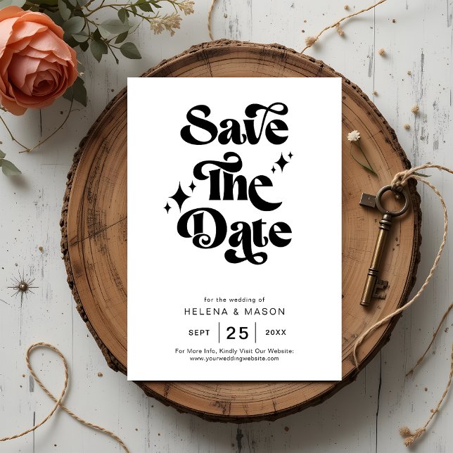 Retro Black and White Groovy Bold Script Wedding Save The Date (Creator Uploaded)