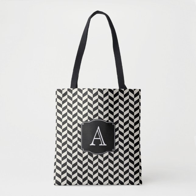 Retro Black and White Herringbone Pattern Tote Bag (Front)