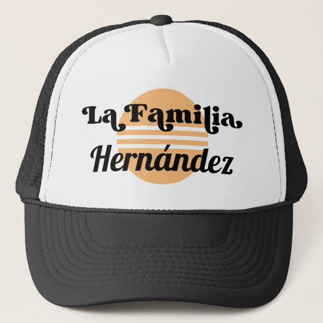 Retro Black and White La Familia Spanish Name Trucker Hat (Front)